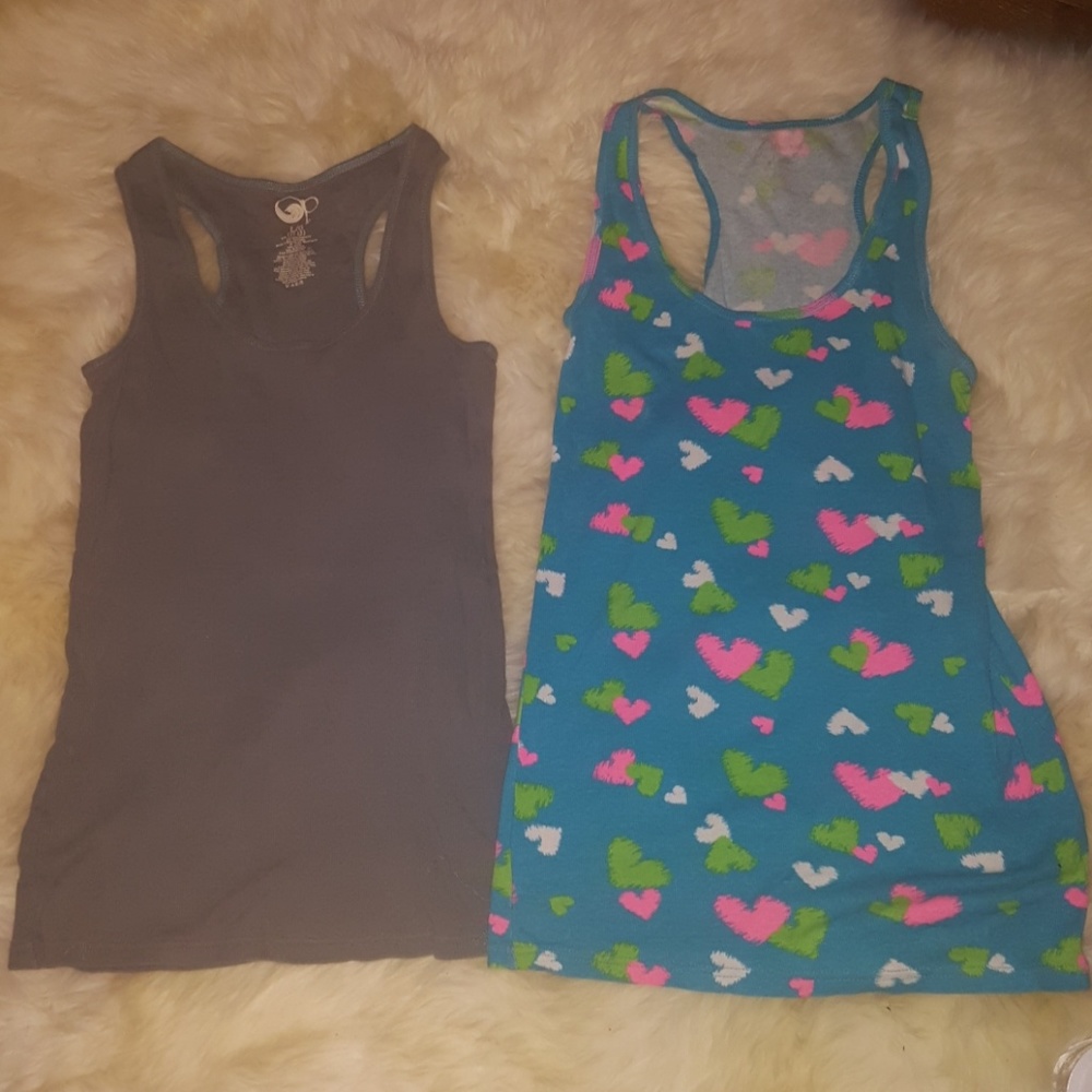 Two tank top  gray is large, blue with hearts xl